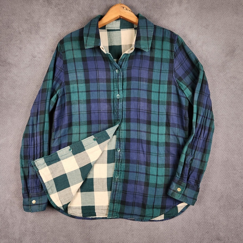 Faherty Reversible Shirt Womens Small Green Blue Plaid Long Sleeve Button Up - Picture 3 of 9